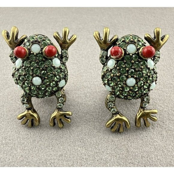 Heidi Daus Earrings Frog Hanging By My Toad Articulated Omega Back Crystal - Picture 1 of 11